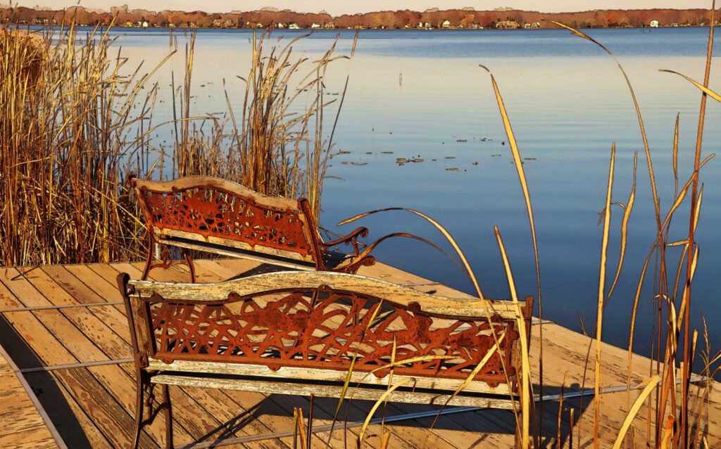 Saving When Interest Rates Are Low. Iron bench on dock by lake in the fall